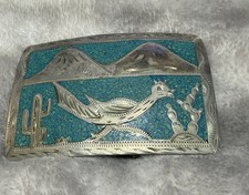 Signed Mexico Sterling Silver  Hand Made Turquoise Belt Buckle Roadrunner 52g
