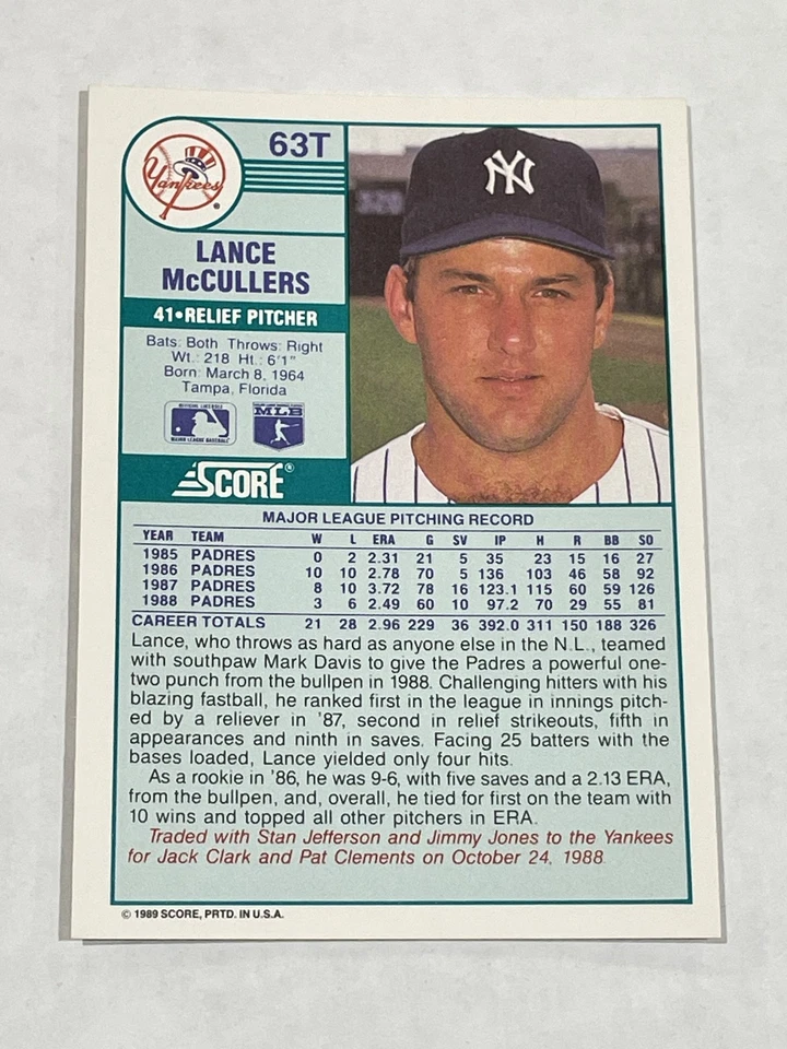 1989 Score Rookie & Traded Baseball #63T - Lance McCullers - New York Yankees - Image 2 of 2
