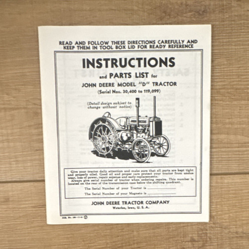 John Deere Model D Tractor Instructions & Parts List Brochure Agriculture