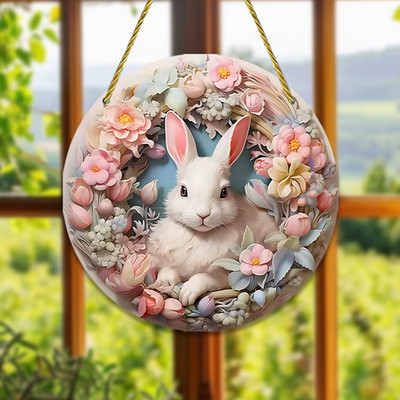 Easter Spring Bunny Happy Easter Wood Door Wall Sign Decor Rabbit Wooden Wreath