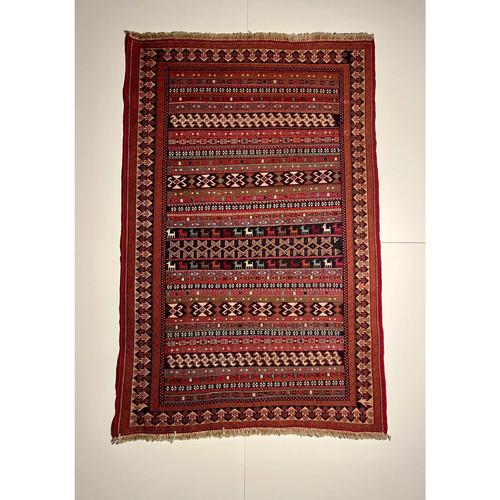 Vintage Handmade Oriental Wall Hanging Handwoven Flatweave Wool Carpet 38" x 58"