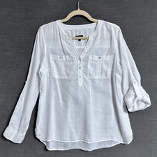 Talbots Top M Petite White Linen Popover Tunic Beach Coastal Nautical Roll Tab