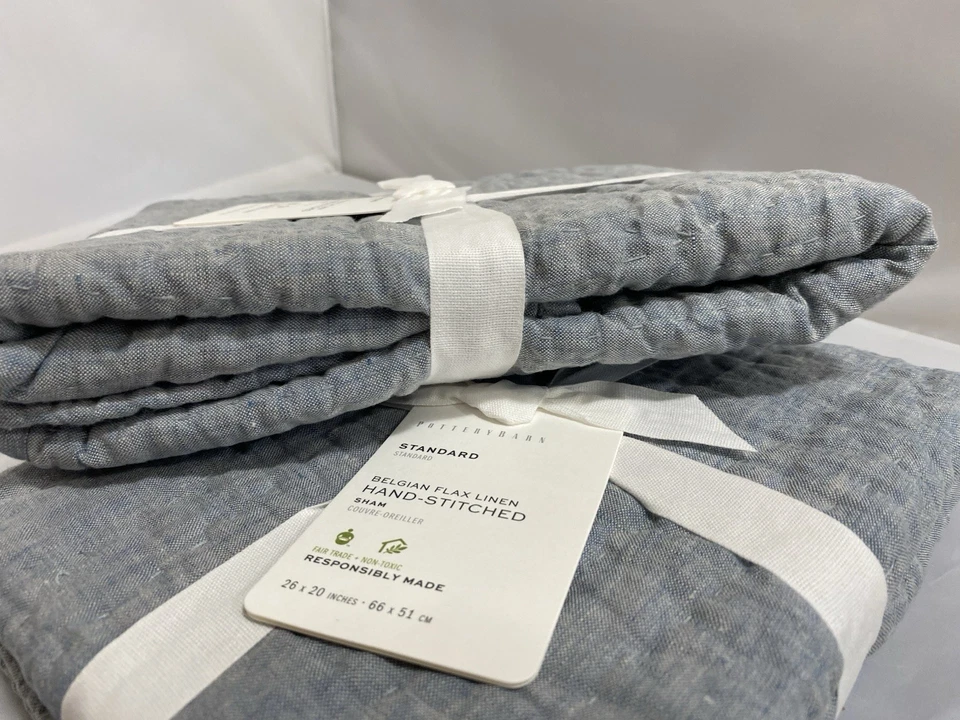 2 NUEVAS fundas de lino belga acolchadas Pottery Barn cosidas a mano ESTÁNDAR Foto 2 de 4
