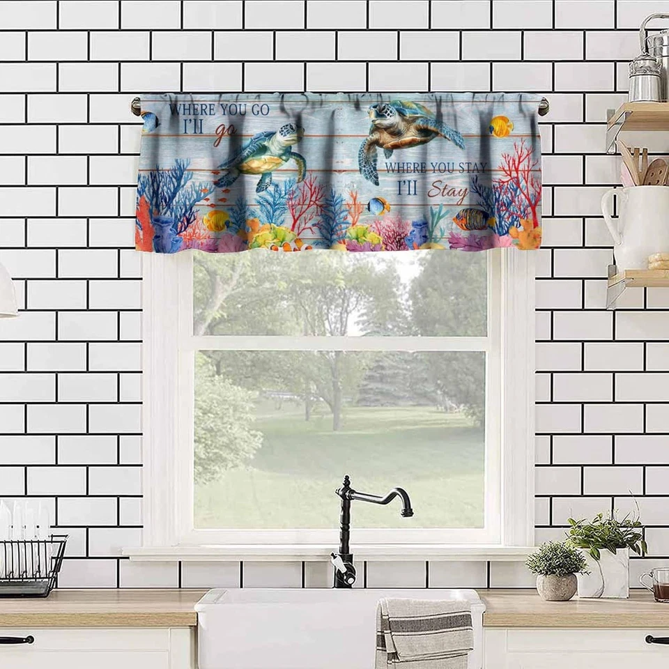 Cortina Cenefa Tortuga Océano, Panel De Madera De Colección Estrella de Mar Náutica Coral Ella... Foto 2 de 4