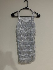 Target Womens Large Silver Flapper Costume Sequin Fringe Dress Halloween Disco
