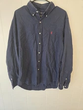 Polo Ralph Lauren Shirt Mens L Button Up Long Sleeve Navy Silk Blend Pony
