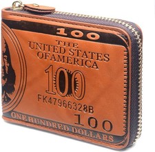 Men's Brown Leather US Dollar Bill Zip Around Bifold Wallet Credit Card Holder