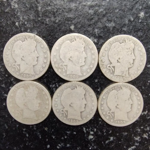Barber Liberty Head Quarters 90% Silver (Lot of 6) 25c Coins 1909 (3), 1909D (3)