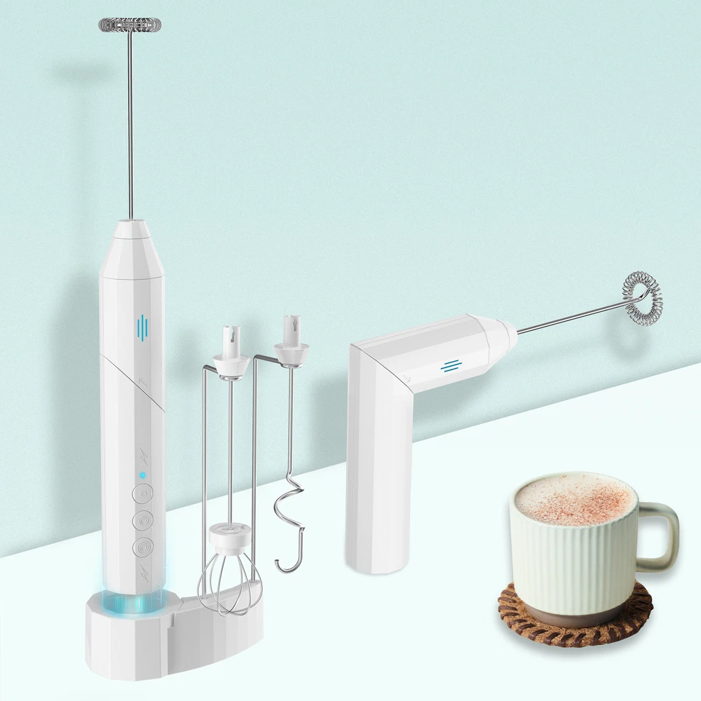 Milk Frother Handheld, USB Rechargeable Electric Foam Maker w/ 3 Heads for Latte