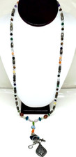 Glass Beaded Necklace w/ Clip On Pendant Scroll Cross Rhinestone Colorful 38"