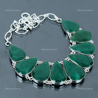 Mothers day Sale Natural Zambian Emrald 925 Sterling Silver Bezel Chain Necklace