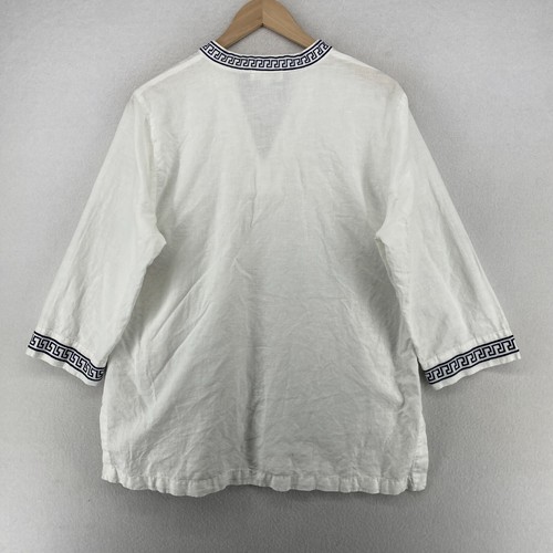 KENAR Top L Linen Cotton Embroidered Greek Key 3/4 Sleeve Split Neck Boho White - Picture 2 of 11