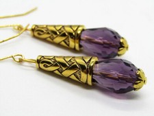 Purple Amethyst Teardrop Crystal GOLD Dangle Earrings, Handcrafted