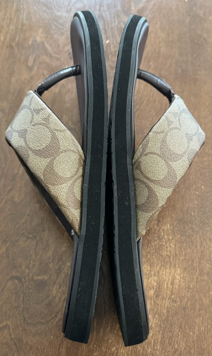 COACH Zak LEATHER and KHAKI Signature C LOGO Flip Flop