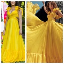 NWT Mac Duggal Maxi Dress 67911 Yellow Ruffle Chiffon Cutout size 0