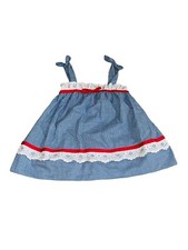 Vtg Ruth of Carolina Originals Dress 3T Blue Gingham Red White Lace Trim Tie