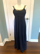 BCBG Max Azria Maxi Gown, Navy Blue Chiffon, Gold Trim, Bridesmaid Or Guest