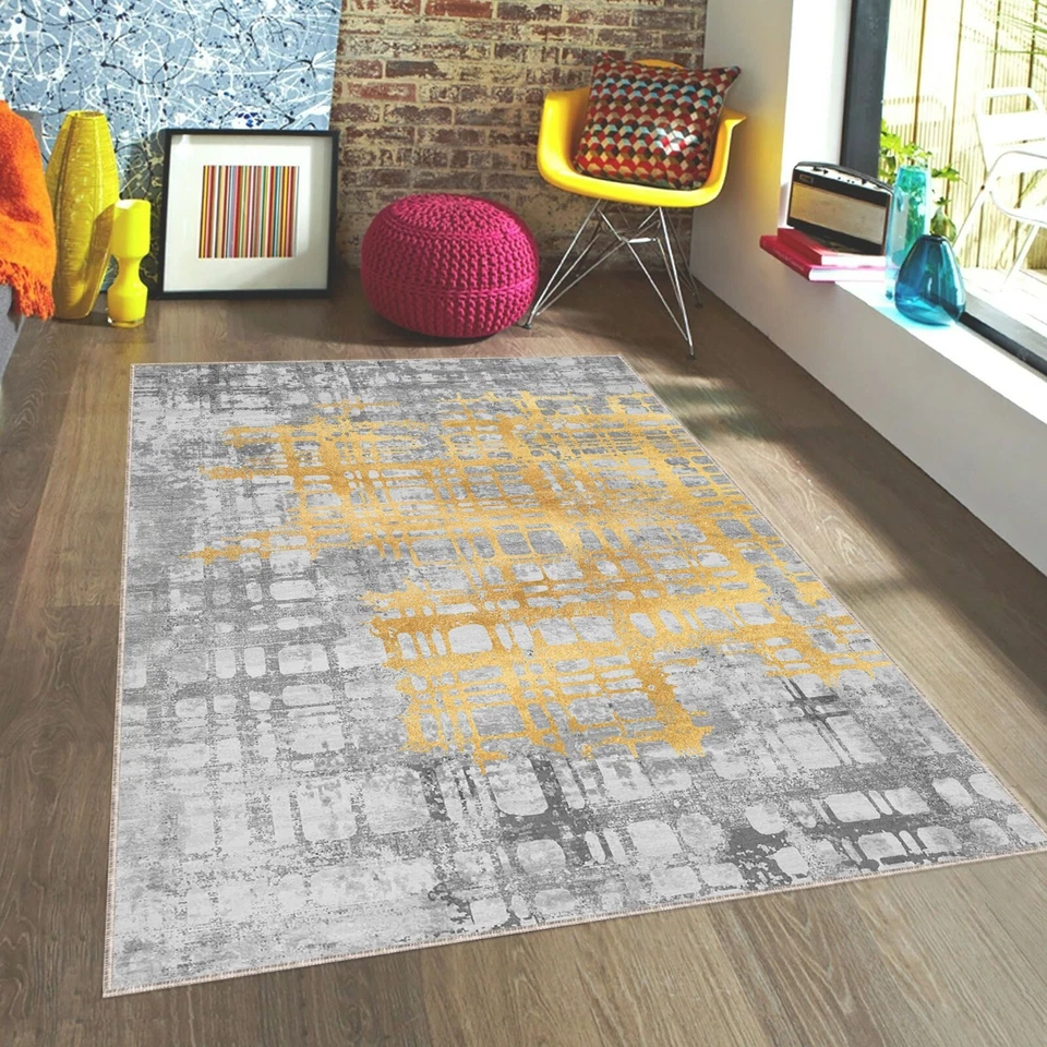 Tapete abstrato moderno, tapete padrão artístico cinza amarelo, decoração contemporânea para casa - Imagem 2 de 4