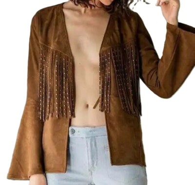 Women Real Suede Leather Fringes Jacket Handmade Vintage Brown American Fashion