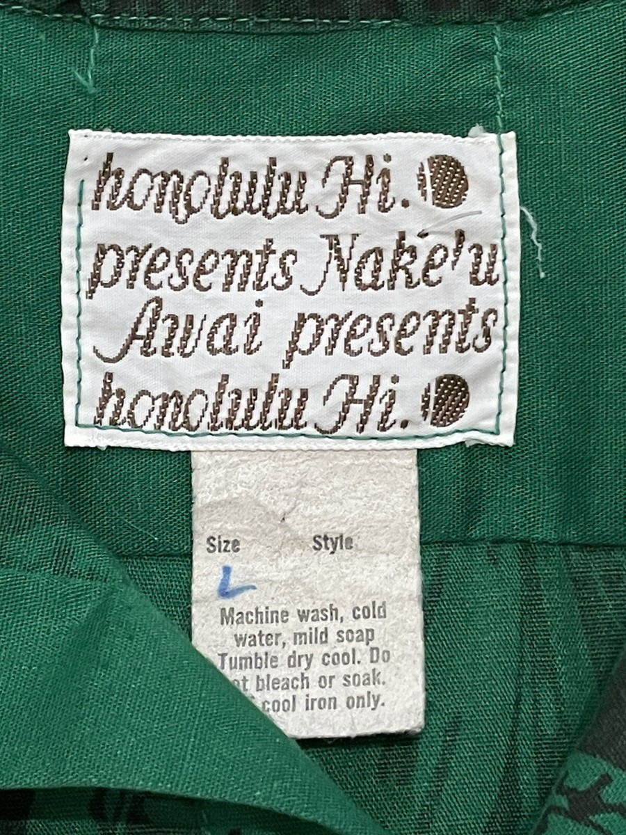 Vintage 70's Nake'u Awai Hawaiian Shirt Honolulu HI Green/Black Sz