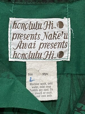 Vintage 70's Nake'u Awai Hawaiian Shirt Honolulu HI Green/Black Sz