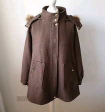 Joules Carolyn Tweed Swing Coat Womens Uk 10 S Green Tweed Wool Cape Fur Trim