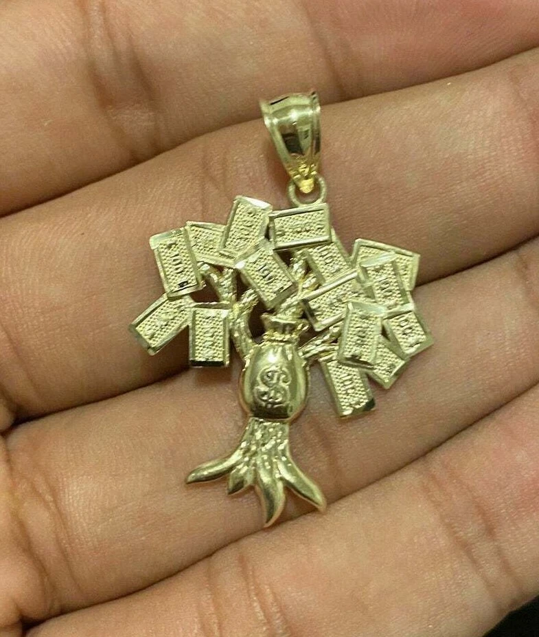 Colgante de árbol de dinero de metal macizo para hombre enchapado en oro amarillo de 14 quilates plateado Foto 2 de 4