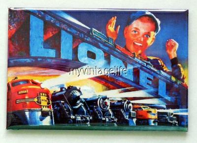 Vintage BOY WITH HIS LIONEL TRAINS  2'' x 3'' Fridge MAGNET art TRAIN SET