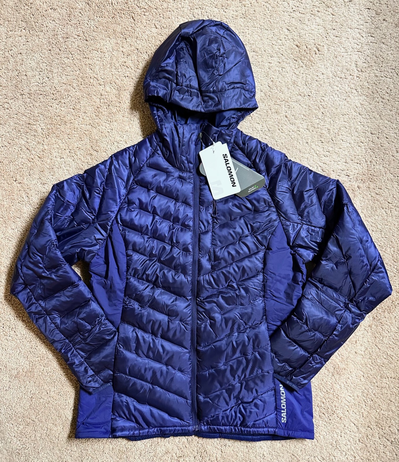 Salomon Donna Outline PrimaLoft Giacca con Cappuccio Cappotto Isolato taglia M Viola NUOVO