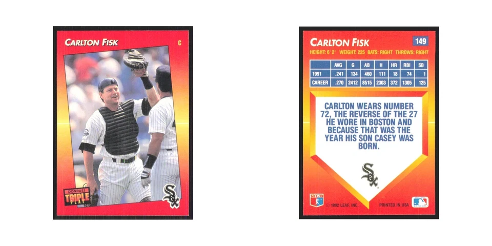 1992 Donruss Triple Play Carlton Fisk White Sox #149 - Image 3 of 3