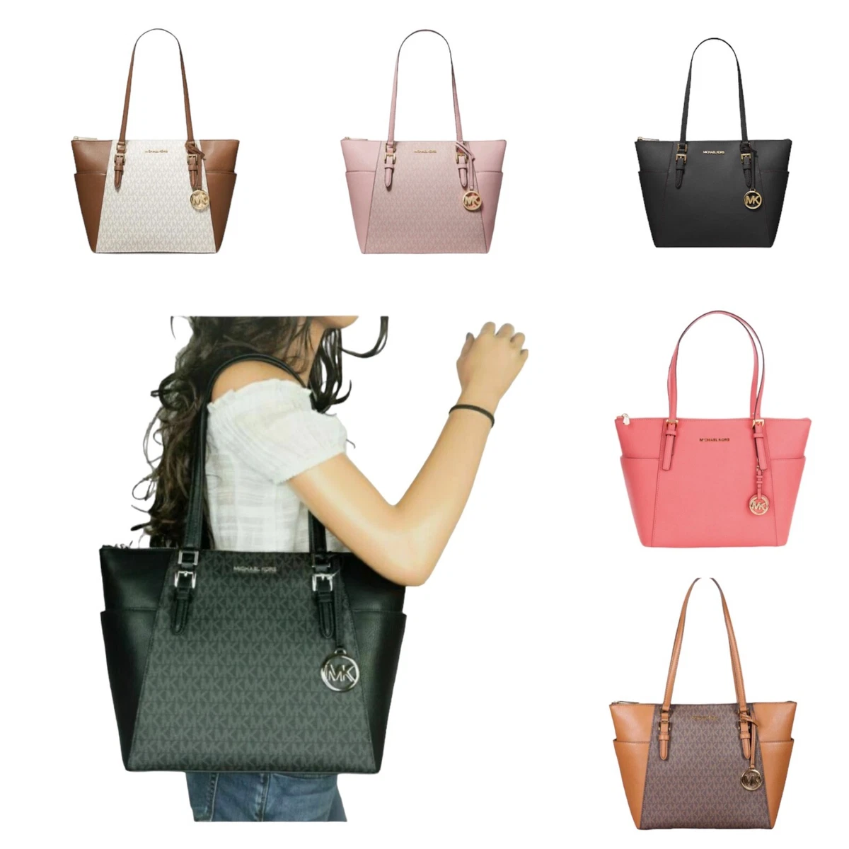 Michael+Kors+Charlotte+Large+Top+Zip+Tote+Vanilla+Signature+Shoulder+Bag  for sale online