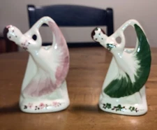Pair Vintage Dee Lee Dancing Lady Wall Pocket/standing Vase Green & Pink 1940’s