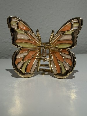 Butterfly Hair Claw Clip Gold Tone Metal Enamel Accents Peach & Cream