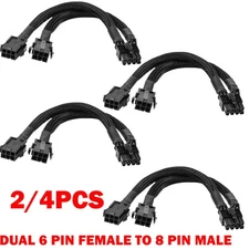 2/4X Dual 6 Pin Female to 8 Pin Male GPU Adapter Cable Braided Sleeved 20cm USA