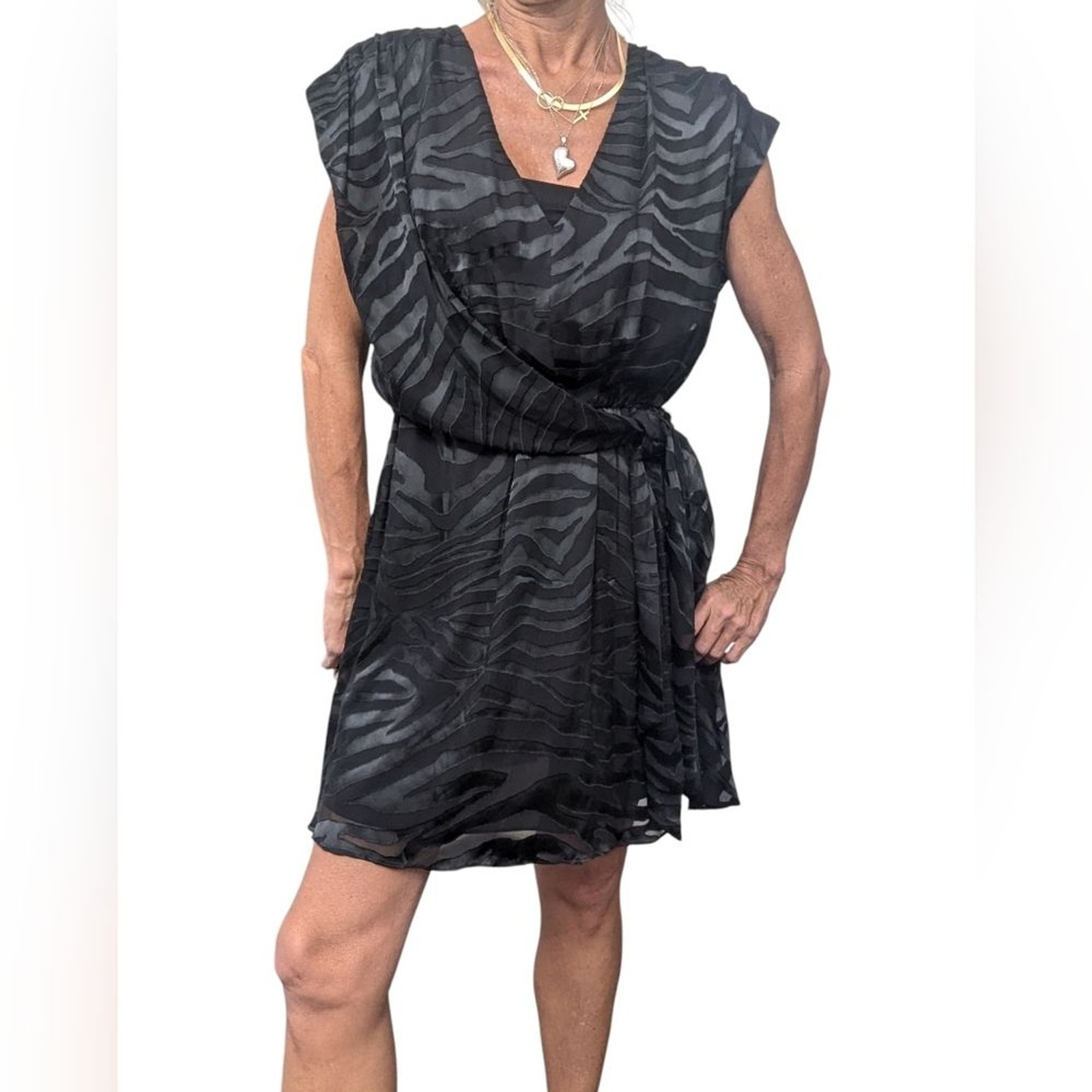 Alice + Olivia Zebra Print Silk Blend Wrap Cocktail Dress Black Size 6