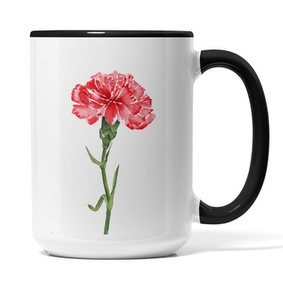 164 Red Carnation Floral Ceramic Mug White with Black Handle Watercolor Design