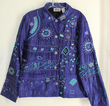 ART Chico's Sz 1 M Vtg Purple Silk AMAZING Boho Embroidered Lined Blazer Jacket
