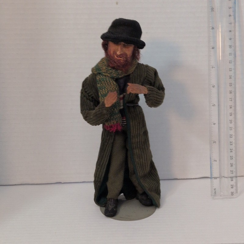 Folk art Collectible Man Figurine Green Coat, Hat & Scarf ~27cm 