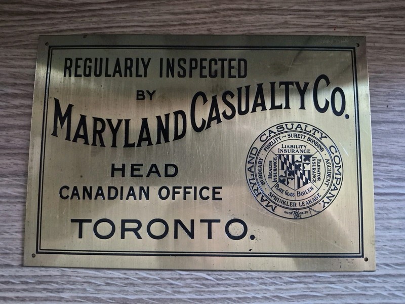Brass Sign Plate The Maryland Casualty Co. Inspected Toronto Office