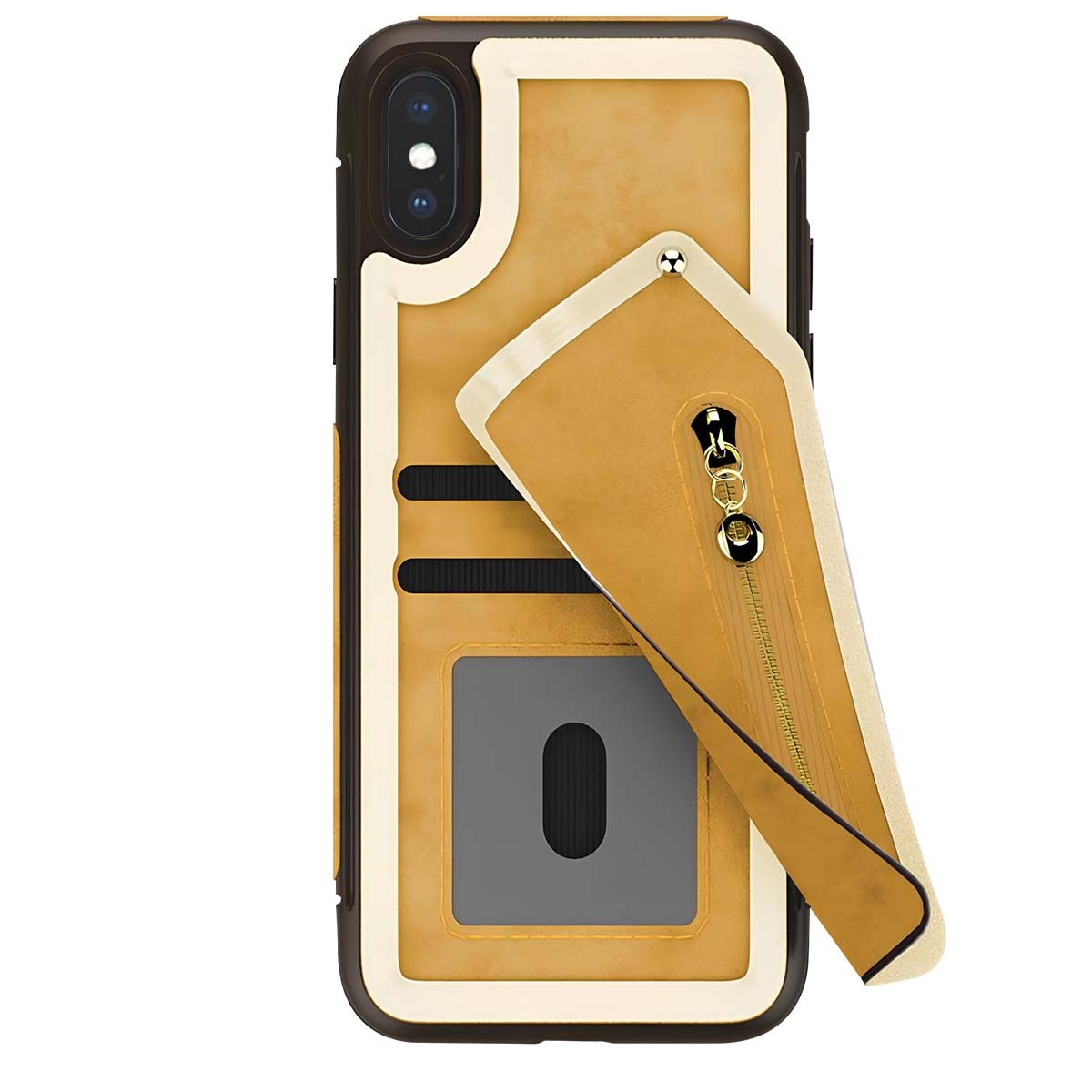 Étui portefeuille pour iPhone X avec poche zippée et protection écran noire