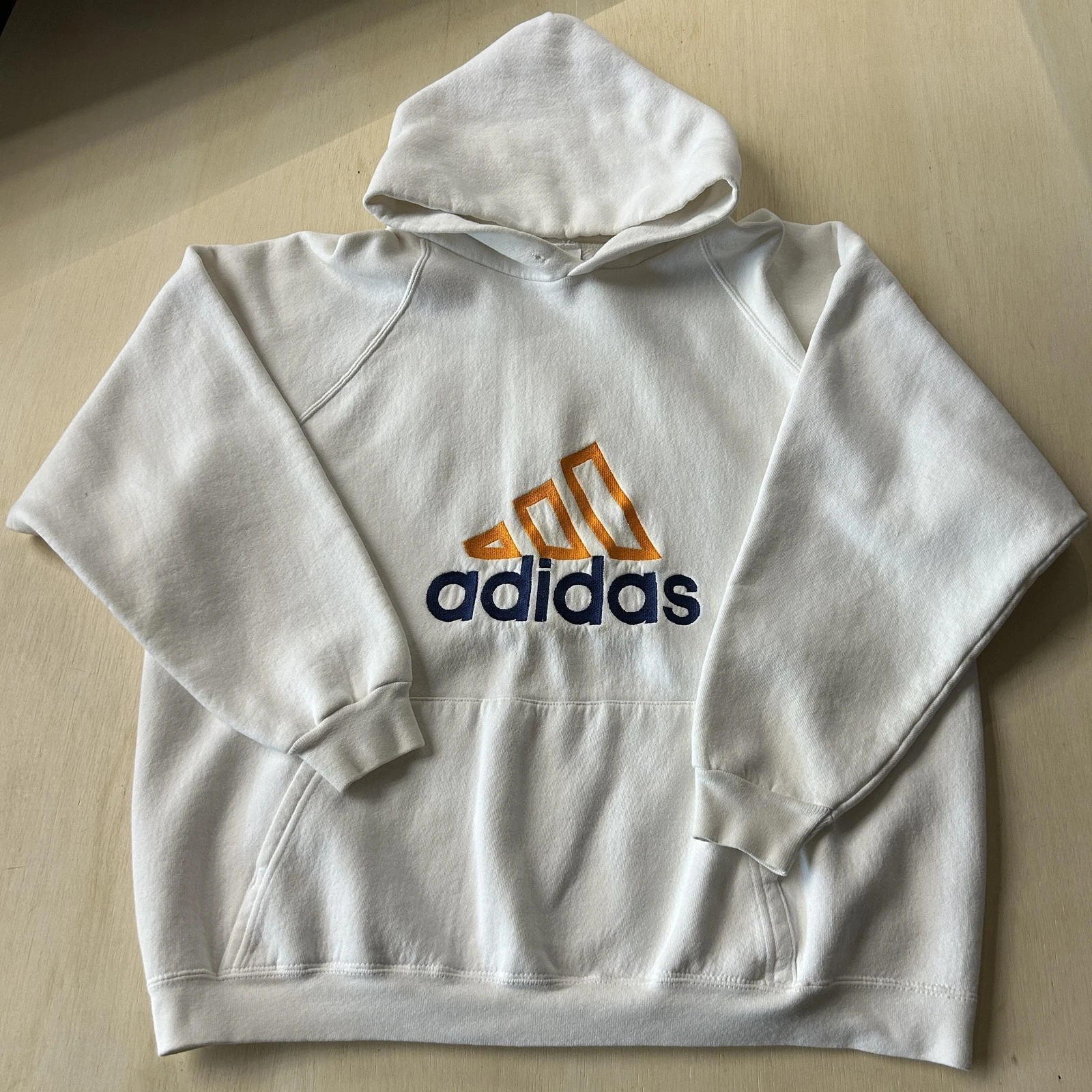 Vintage Adidas Hoodie Mens 2XL White Fleece Pullover Logo Sweatshirt Made In USA