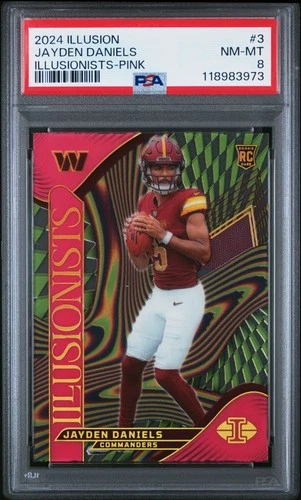 2024 PANINI ILLUSIONS ILLUSIONISTS PINK #3 JAYDEN DANIELS ROOKIE RC 12/399 PSA 8