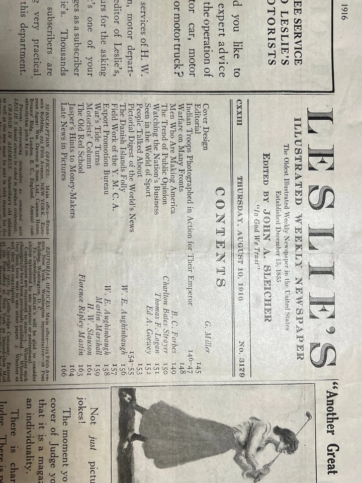 LESLIE'S WEEKLY - Aug 10, 1916 - WWI News / COCA COLA COKE AD - After the Walk - Image 2 of 4