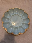 Vintage Delphite Blue Deviled Egg Plate Gold Trim Depression Glass Relish...