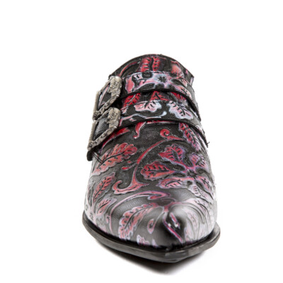 NEW ROCK 7960-S6 Shoe EMBOSSED VINTAGE Black Red Leather Buckle