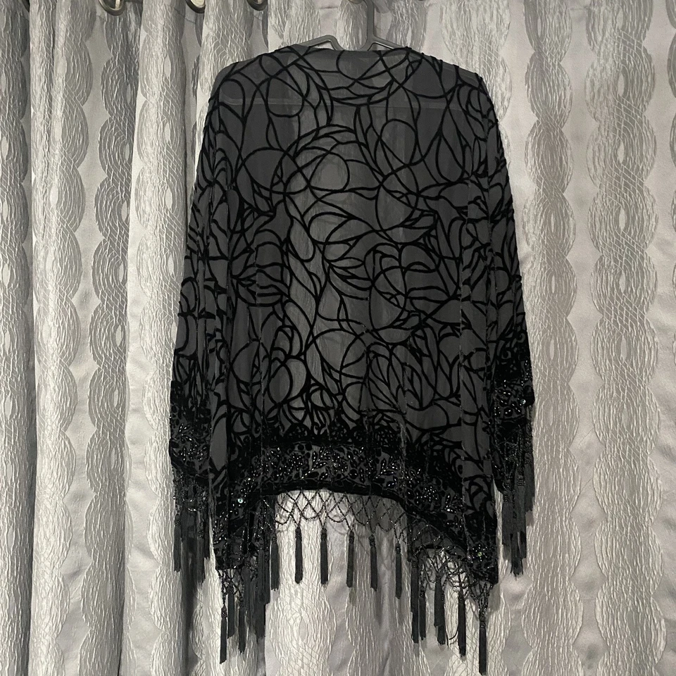 Camisa Boho Negra Dorada Vidrio Cuentas Seda Rayón Abierta Flecos Moda Occidental Foto 2 de 4