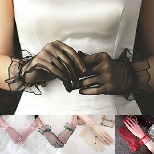 1 Paires Dentelle Nylon Femme Gants Doigt Complet Court Tulle Extensible .J - Foto 10 di 17