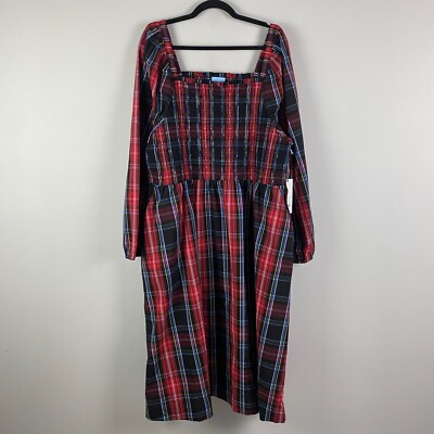 Draper James Smocked Midi Dress Womens XXL Plaid Square Neck Pockets Long Sleeve
