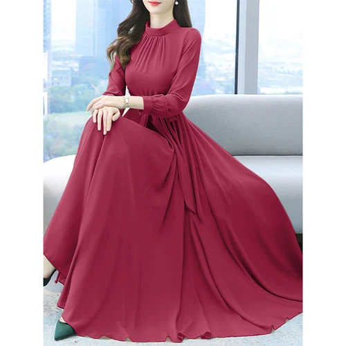 Damen Langarm O-Ausschnitt Swing Kleid Abend Ballkleid Mode Langes Maxikleid - Bild 7 von 21