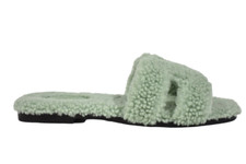 Hermes Oran Teddy Shearling Fur Green H Logo Slide Sandal Mule Flat Flip Flop 39